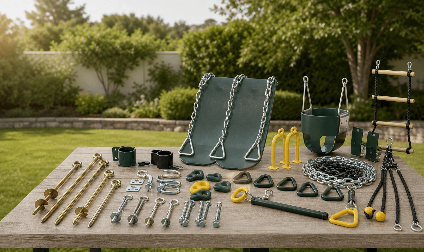 Outdoor play accessories and swing hardware displayed on a garden table