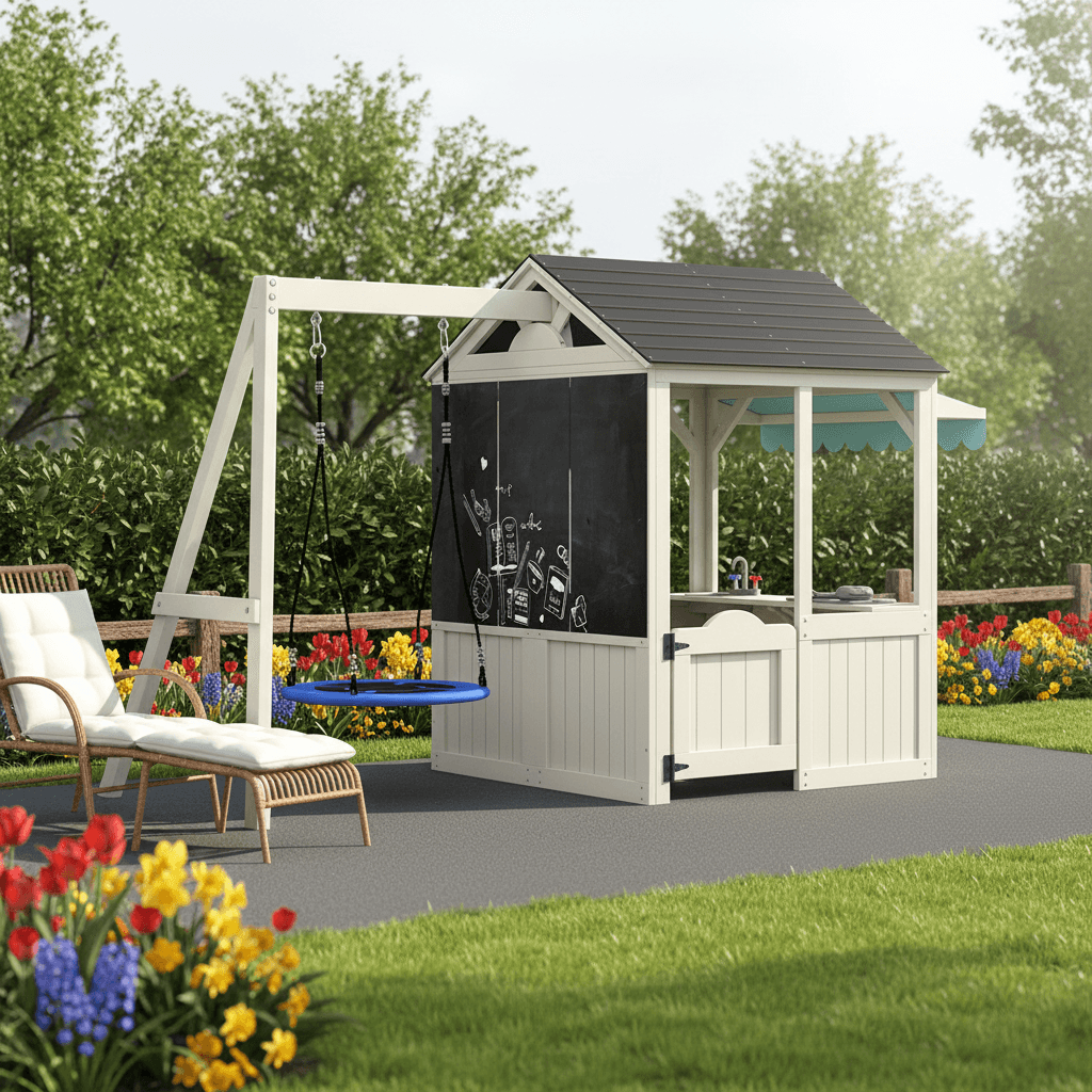 Wooden kids outdoor playhouse in a garden setting