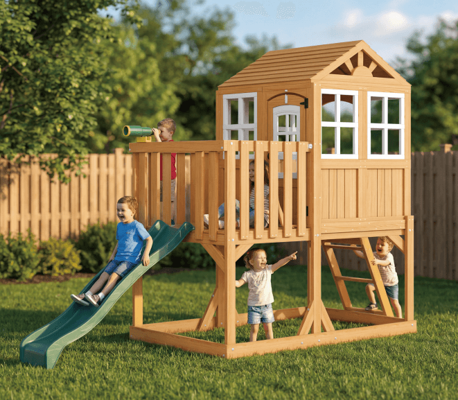 Wooden kids outdoor playhouse in a garden setting