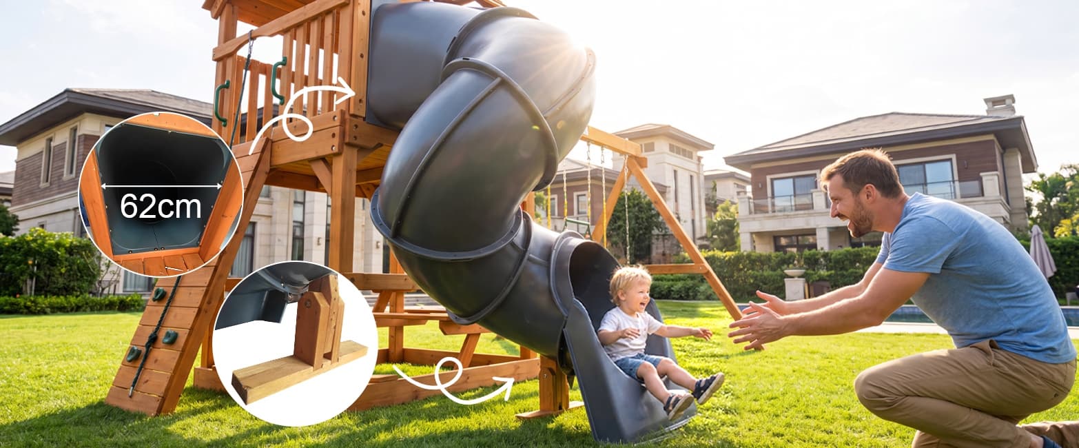 Outdoor play accessories and swing hardware displayed on a garden table