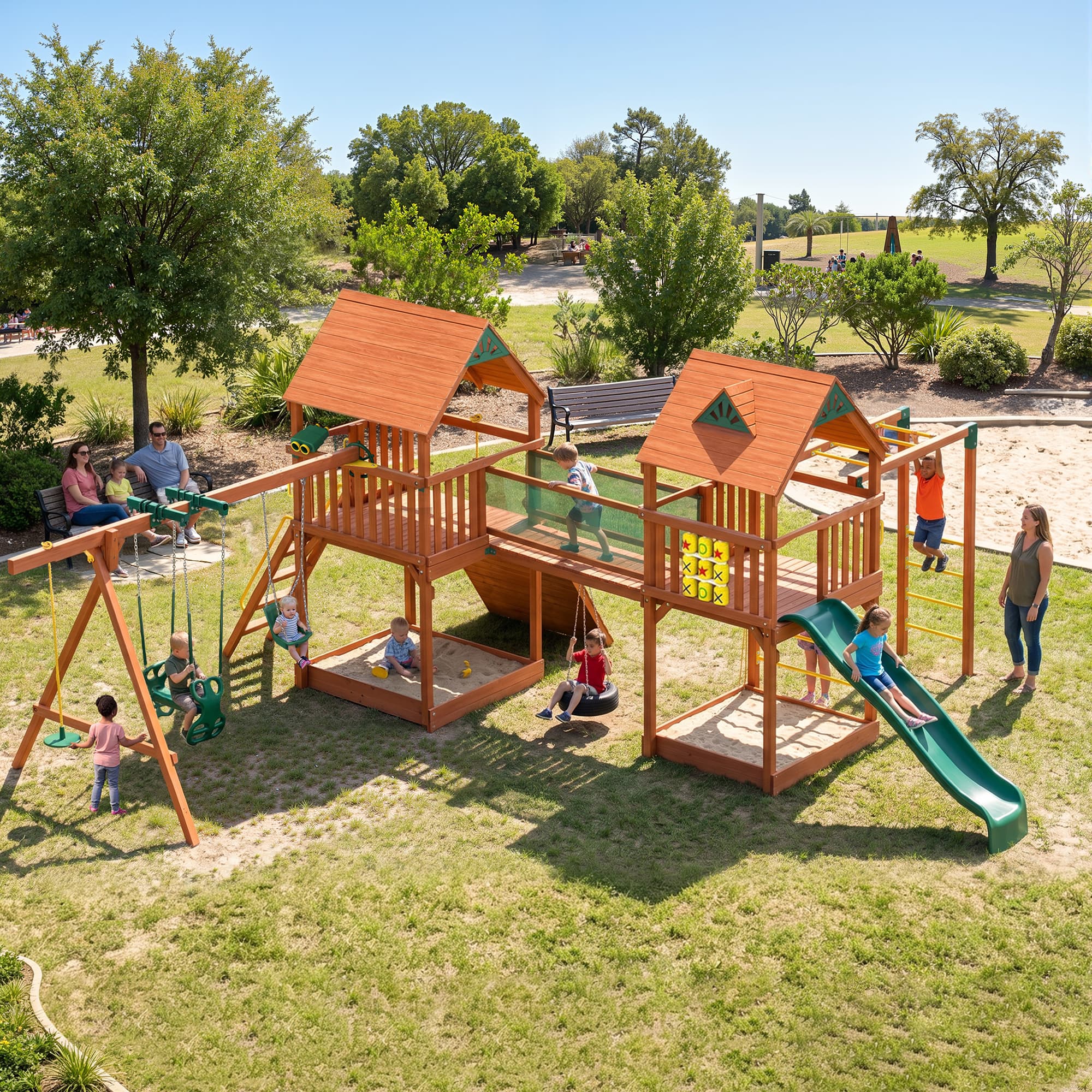 Outdoor climbing frame with rope net and climbing wall in a garden setting