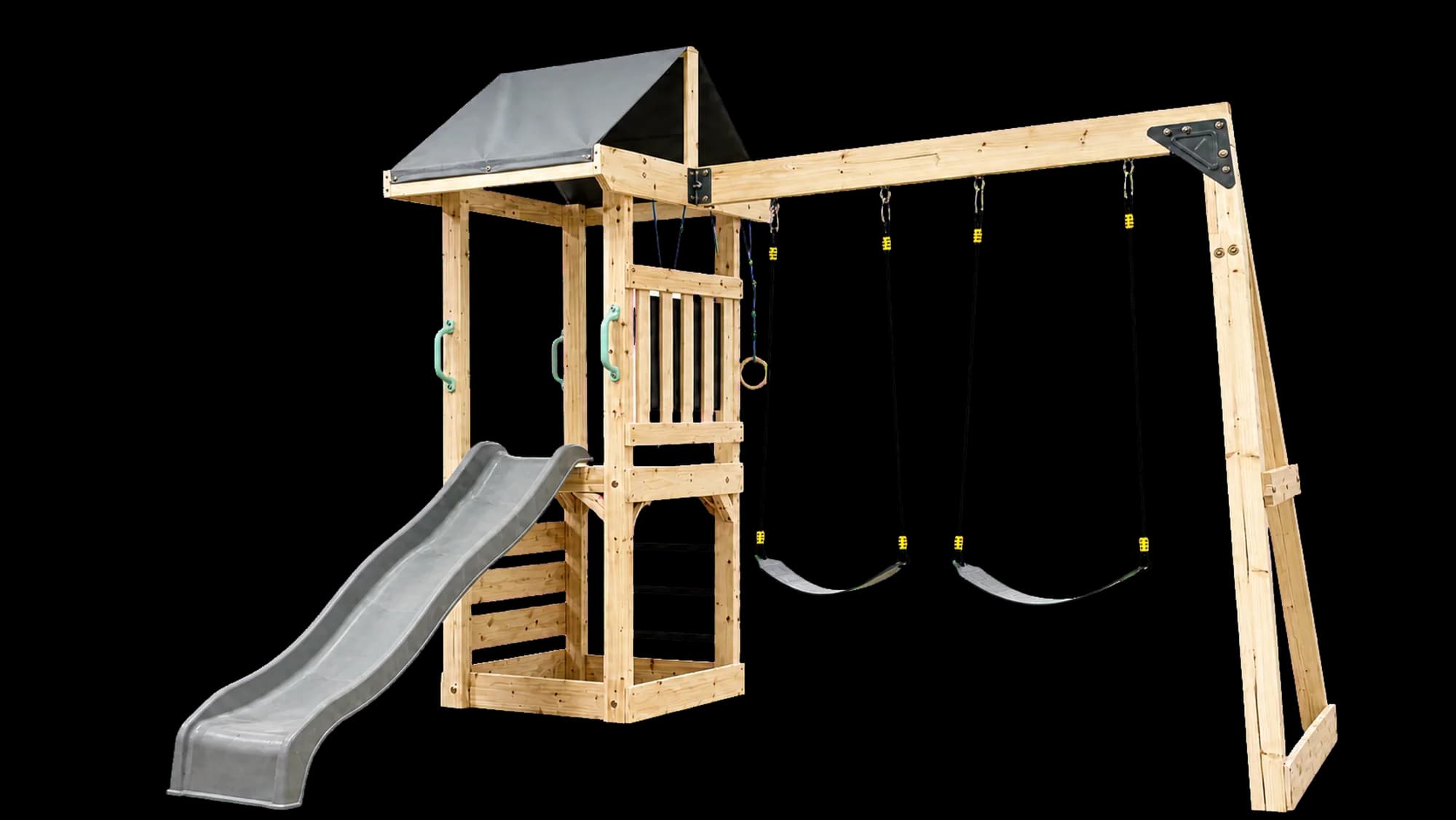 Transparent cutout view of the Spotlight AAW0034 outdoor wooden swing and slide playset.