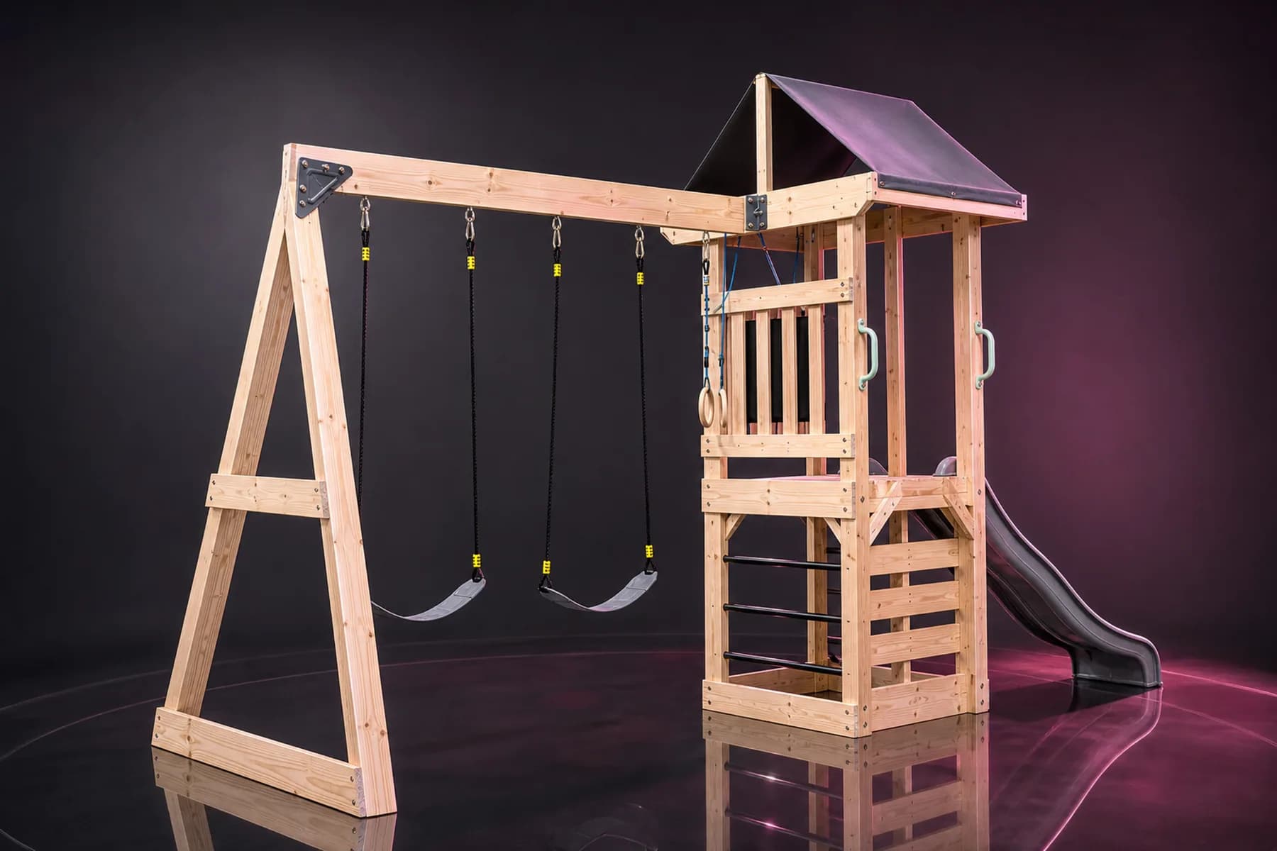 Rear structure and A-frame support of the Spotlight AAW0034 wooden playset.