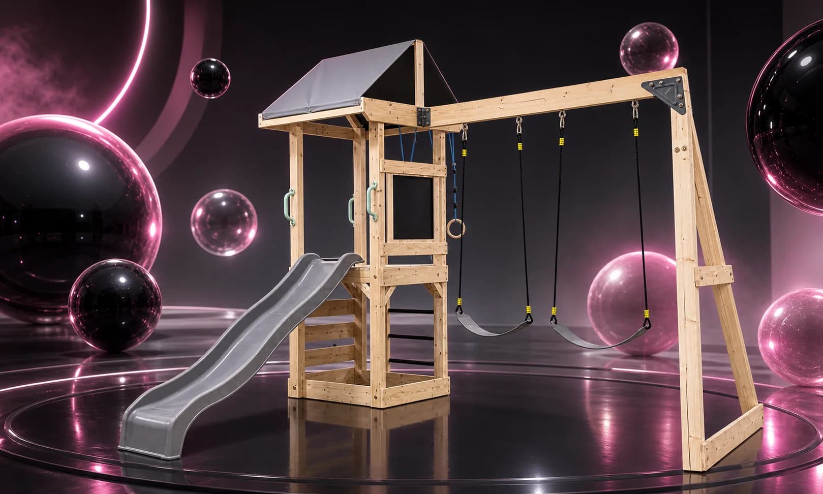 Spotlight AAW0034 full product stage image with the complete wooden swing and slide playset visible against a black and pink showroom scene.