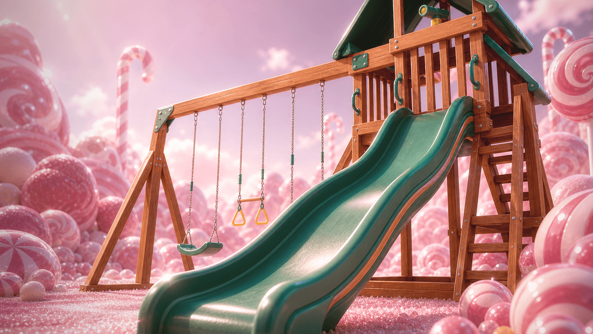 DRAGON COCOON 2.2 meter green PE slide in a candy-luxe scene