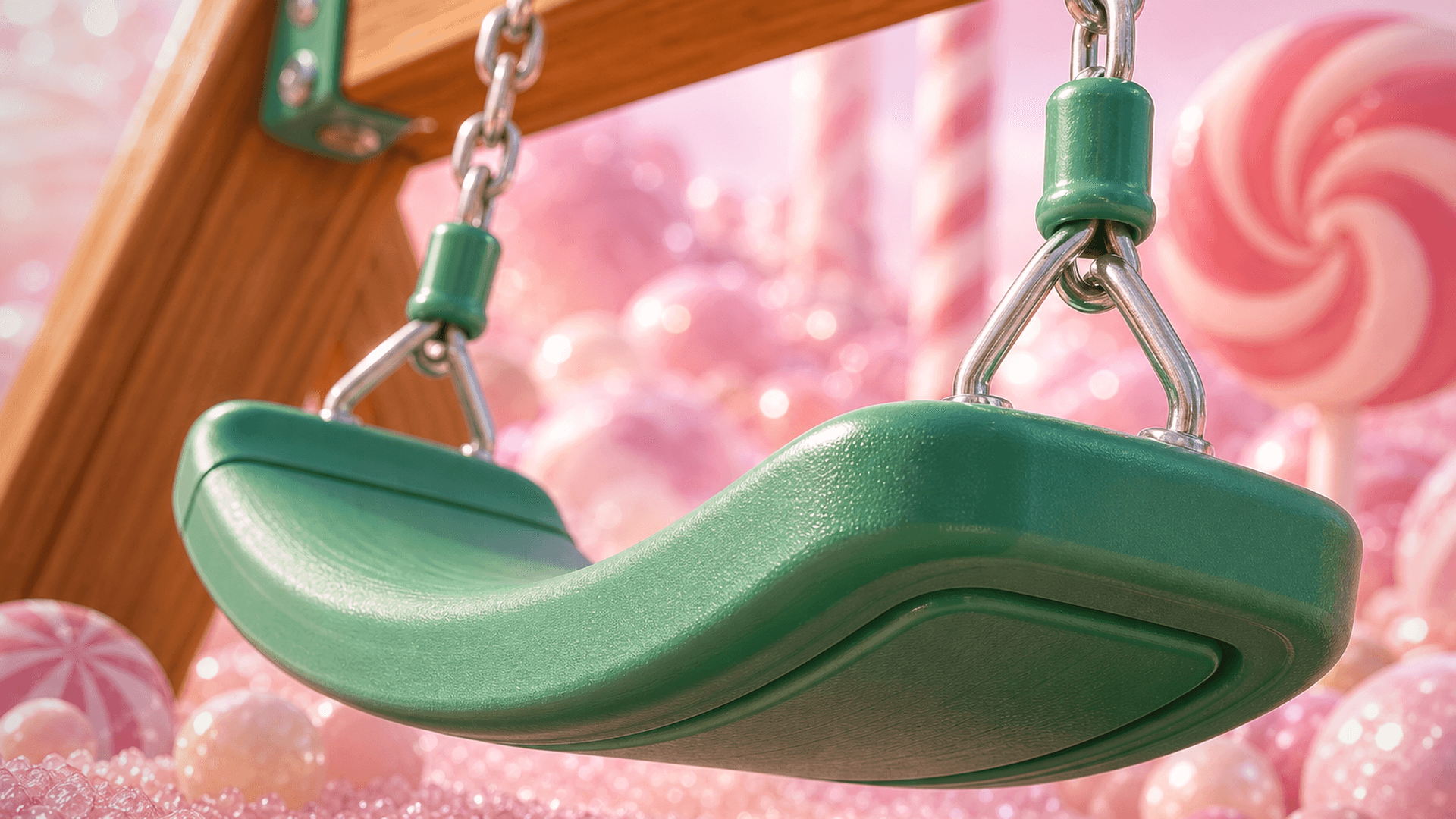 Green molded swing seat and chain hardware detail for DRAGON COCOON